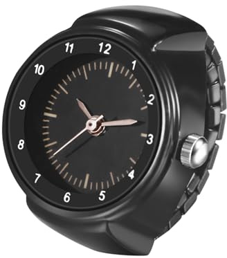 JewelryWe Quartz Casual Finger Watch: Men Women Black Stainless Steel Elastic Strap Round Analog Quartz Watch Unisex Clear and Easy-to-Read Arabic Numerals Dial Finger Watch