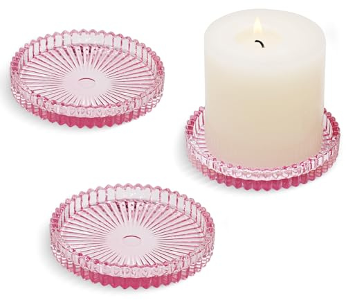 HofferRuffer Lot de 3 assiettes en verre de 10 cm, bougeoirs ronds pour bougies piliers, bougeoirs, rose