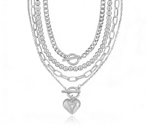 Chunky Silver Necklace Stack Layered Silver Necklaces for Women Non Tarnish Silver Statement Necklace Paperclip Chain Necklace Set Layering Big Heart Coin Cross Necklace Chunky Jewelry (1 - silver with heart)