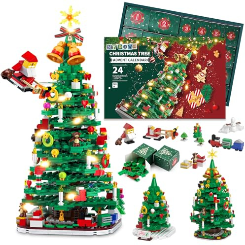 Calendario de Adviento 2025 para niños, juguete de construcción de árbol de Navidad con cadena de luces LED, calendario de Navidad 1100 piezas +, juguete de cuenta regresiva, una caja al día