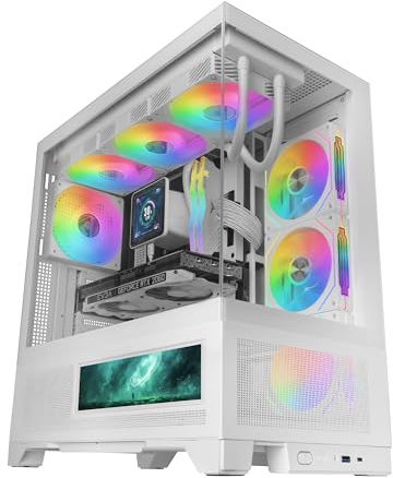 Mars Gaming MC-LCDX, Boîtier Gaming ATX, Écran IPS 9.16 et Connexion HDMI, Verre Trempé Continu, Panneau Inférieur Full Mesh, Double Chambre, Support Refroidissement Liquide Jusqu’à 360mm, Blanc