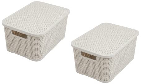 BranQ - Home essential Deckel Korb in Rattan Design 2er Set Grösse L 19l, Kunststoff PP, Creme, 19 l