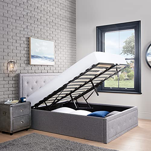 Home Treats Crystal Ottoman Storage Bed Grey | Gas Lift Up Bed Frame | Upholstered Diamante Studs (King Size)