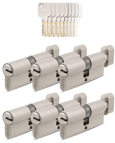 GERCAR Lot de 6 cylindres à bouton 45/45 à fermeture identique - 6 cylindres de serrure avec bouton et 30 clés - Serrure de porte 90 mm - 6 cylindres - Longueur : 90 mm, A : 45 B : 45 - En laiton
