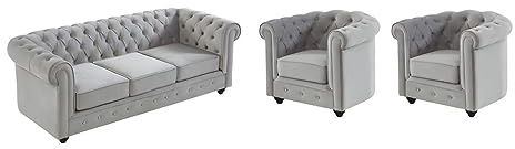 Vente-unique - Canapé 3 Places et 2 fauteuils Chesterfield - Velours Gris Clair