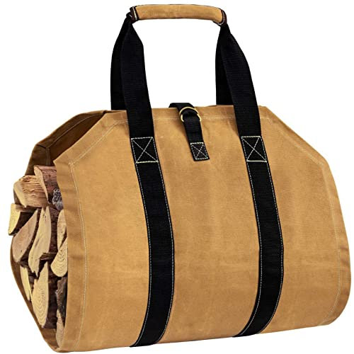 Coverify Tragetasche für Brennholzscheite Schwerlast Wasserdicht Canvas-Brennholzsack für Kamin Garden Brennholz Kaminholztragetasche mit Griffen für Outdoor-Camping Extra Großer 99x45,7 cm Braun