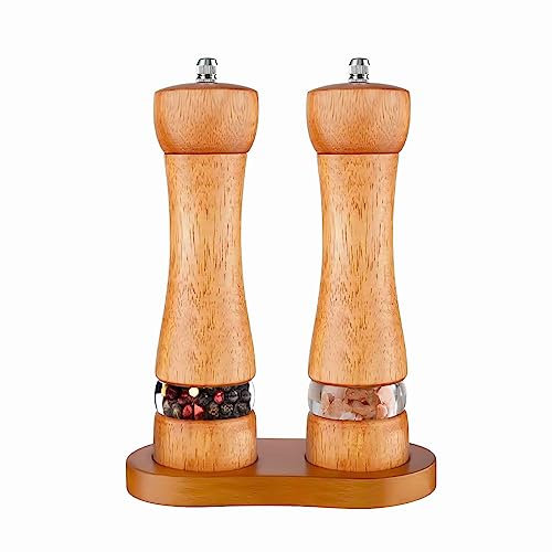 Wooden Salt and Pepper Grinder Set with Tray, 8-Inch Manual Pepper Mill Grinder with Adjustable Coarseness, 2 Pack Acacia Wood Salt and Pepper Shakers Set