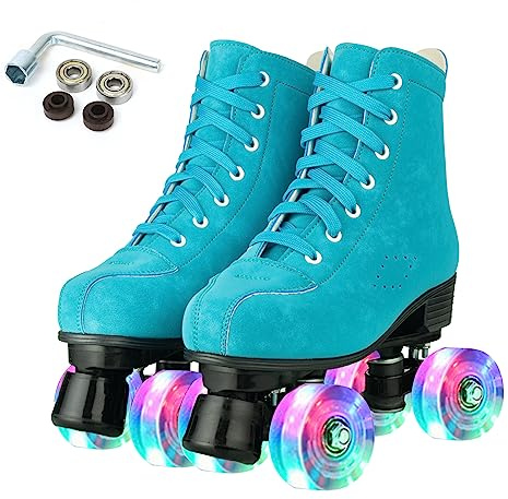 XUDREZ Women Roller Skates High Top Shoes Double Row Shiny Roller Derby Skates Four Wheel Unisex PU Classic Skates for Beginner Indoor Outdoor (Blue flashing wheel,EUR38-Uk5.5)