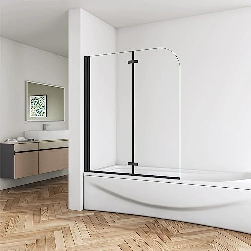 Mampara de Bañera Abatible 2 Hojas Cristal Antical 6mm Plegable Perfil Negro Mate Tamaño:(880-900) x1400mm