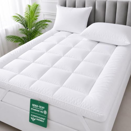 4All 1400gsm Double Bed Mattress Topper 10cm Extra Firm Mattress Toppers Double Size Bed With Soft Microfiber Fill Breathable & Washable Quilted Topper with Secure Straps(Double 137x190cm)