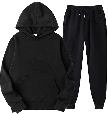 QWUVEDS Men's and Women's Sports Sets Autumn and Winter Leisure Plain Hoodie Trousers with Tassels Sports Suit Training Jacket Men, 24-0214d-black, M