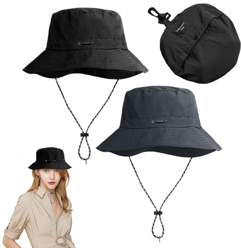 FUIPVGI 2 Pezzi Cappello a Secchiello Portatile e Conservabile, da Pesca Boonie Con Cordino Regolabile, Impermeabile per Uomini e Donne, Campeggio Giardinaggio (Nero Grigio)
