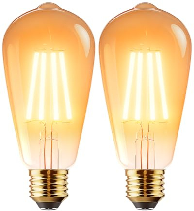 Vanke E27 Vintage Light Bulb, 6W(60W Equivalent), Warm White 2700K, 2-Pack | ST64 Screw LED Filament Edison Bulb, Retro Amber Glass, ES Decorative Bulb, 700 Lumen, Non-Dimmable, 64×140mm