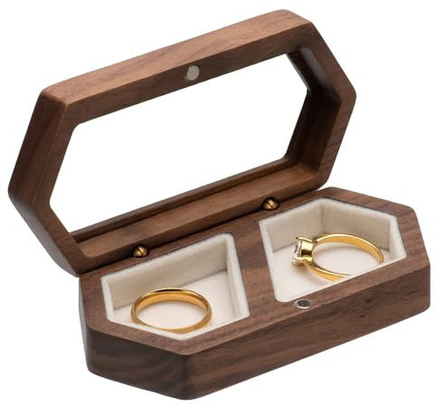 Holz-Hochzeits Ringschachtel - Rechteckige Ringbox für 2 Ringe Mit Transparentem Deckel - Walnuss Ehering Box für Verlobung, Geburtstag, Schmuck-Display