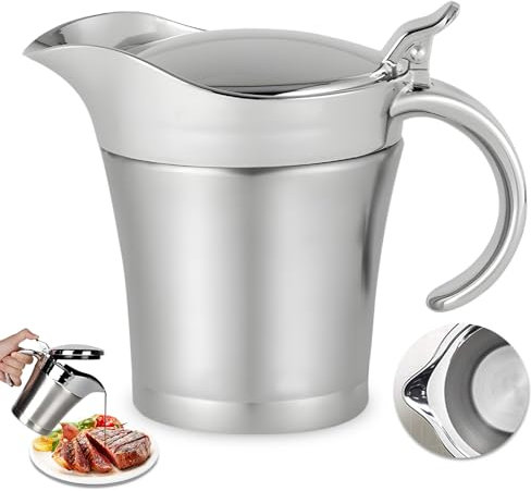 GOEDCH Edelstahl Thermo Sauciere 450ml: Doppelt Isolierte Saucenkanne mit Klappdeckel und Henkel, Eleganter Silberner Saucenkrug Doppelwandig Soßenkanne für Servieren von Soße, Vanillesoße, Sahne