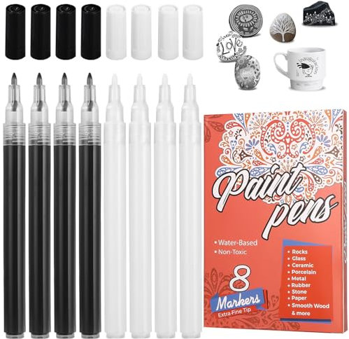 Schwarz Weiß Acrylstifte, 0,7mm Permanent Marker Stifte Wasserfest,Acrylfarben Stifte Steine Bemalen Stifte für Steine Holz,Glas,Leinwand,Stein,Stoff,DIY Fotoalben,Keramik(4 Schwarz+4Weiß)
