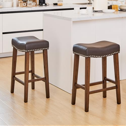 PrimeZone Counter Height Bar Stools Set of 2 - Backless Saddle Barstools with 4.3 Thick Upholstered, Nailhead Trim Faux Leather & Solid Wood Legs, 26 Inch Counter Stools for Kitchen Island, Brown
