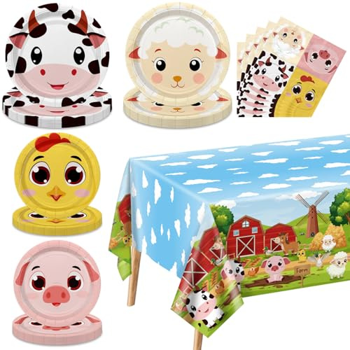 Set di piatti per festa di compleanno a tema fattoria per 20 ospiti, inclusi tovaglia, tovaglioli e piatti a tema fattoria per baby shower, decorazioni di compleanno a tema fattoria