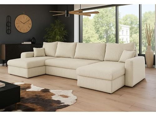Tendencio Canapé d'angle panoramique Convertible HELLIA U en Velours côtelé (Beige)