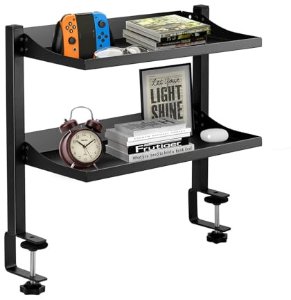 HuuppHip 2 Tier Clamp-On Desk Shelf, Adjustable Height Shelving Unit for Table Accessories, Tabletop Book Storage Rack, Above or Under Desk Storage for Office Gaming Organizer
