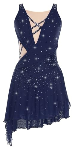 Winnrchan Women Figure Skating Dress Rhinestone Lyrical Dance Dress Flowy Tulle Skirt Leotard Ballet Dancewear Navy Blue Small