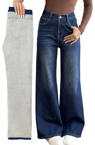 Fakanhui Jeans larghi da donna foderati in pile a gamba larga invernali termici caldi in flanella jeans larghi Y2K boyfriend denim pantaloni, Scuro., M