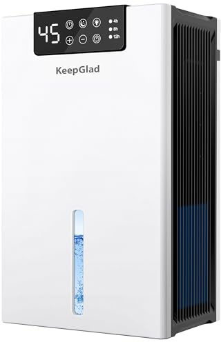 KeepGlad Dehumidifier, 98OZ Dehumidifiers for Home(1000sq.ft), Humidity Display Dehumidifier for Basement Bathroom Bedroom, Auto Shut Off, Washable Filter, Drain Hose, Timer, 7 Ambient Lights, White