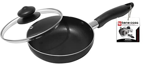 Bene Casa - Black Nonstick Aluminum Frying Pan with Glass Lid (6) - Dishwasher Safe for Easy Cleaning
