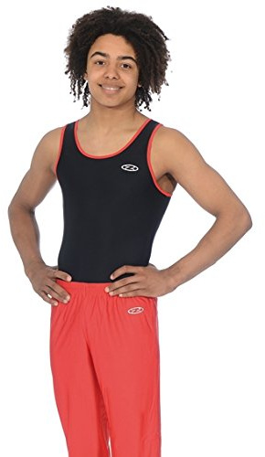The Zone Z887ACE Round neck boys/mens sleeveless gymnastics leotard. Matt Nylon/Lycra Black/Red Size 28