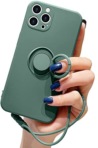 Pepmune Compatible with iPhone 12 Pro Max Case Liquid Silicone with Ring Holder Kickstand Magnetic Car Mount Detachable Wrist Strap Shockproof Soft Protective Cover-Blackish green
