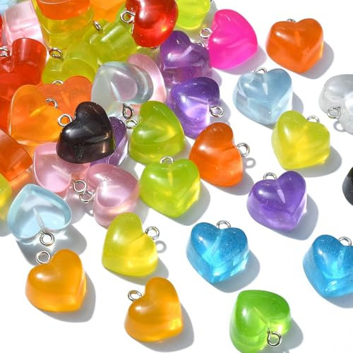 Ipotkitt 200 Stück transparente bunte Herz-Anhänger in Herzform, Gummibärchen, Herz-Anhänger für Valentinstag, Schmuckherstellung, Basteln, Basteln