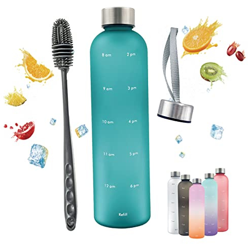 Horkos 1L Water Bottle,Motivational Time Markings,Non-Toxic BPA Free Plastic Water Bottle,Leak-Proof,1 litre Sports Bottle,1000ml Drinks Bottle for Travel,School,Cycling,Camping（Green+cover+brush）