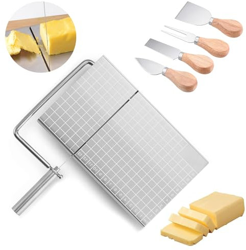 Celestia Cortador de queso de acero inoxidable, multiusos de acero inoxidable y cortador de alimentos con cuchilla, escala de tamaño precisa para cortar queso, mantequilla, salchichas hierbas
