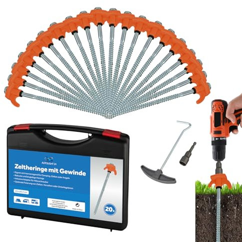 Schraubheringe Set 20 Stück 20 cm Ø7mm mit Transportbox und Bit für Akkuschrauber Orange Stahl Heringe für weiche bis Harte Böden Zeltschrauben für Camping und Outdoor