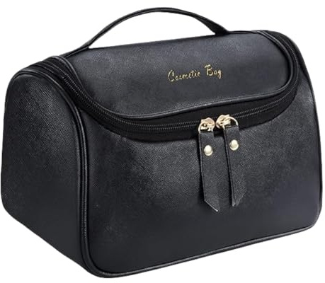 MHDAMAI Borsa per Cosmetici Portatile Multifunzionale Borsa per Il Trucco da ViaggioImpermeabile Beauty Case Grande Pelle Pu Borsa da Toilette con Cerniera Maniglie per Le Donne Ragazze,Nero