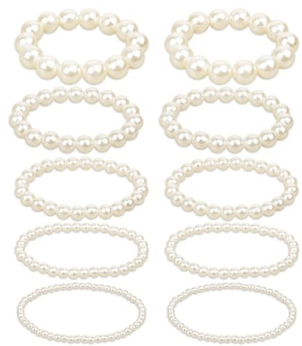 Xthrotsenk 10 Stücke Perlenarmband Damen Weiß Perlen Armbänder Stapelbare Künstlichen für Braut Stretcharmband Hochzeit Vintage Perlenarmbänder Perlen Perlenarmband Für Frauen Perlen Schmuckset