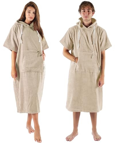 CalmyBEACH Frottee Badeponcho Damen Herren - Surf Poncho 100% Baumwolle Strandponcho mit Reißverschlussfach Kapuze Umziehhilfe Strand Bademantel (S-M, Beige)