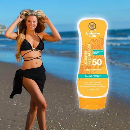 Australian Gold SPF 50 Lotion | Neue Formel | Anti-Aging & Feuchtigkeit mit Vitamin C, Aloe Vera, Grüntee & Vitamin E | Wasserfest | Perfekt für Outdoor-Aktivitäten, Strand & Sonnenbaden | 237 ml