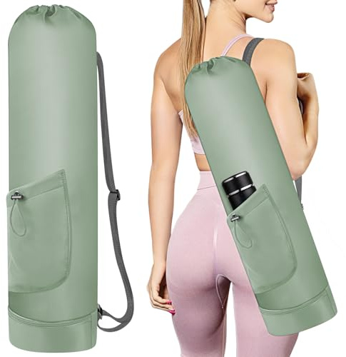 HUTHUHNHN Yoga Mat Bag with Water Bottle, Full Zip Yoga Mat Carrier Adjustable Strap Yoga Mat Holder with Pocket Waterproof Bags for Women Men (Green)