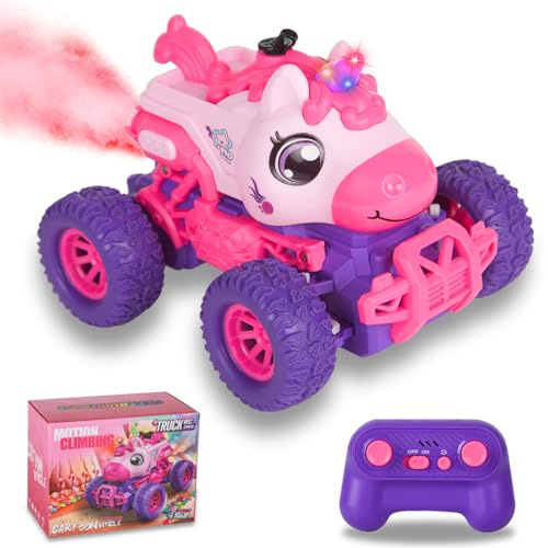 RC-bilar med enhörning för barn, fjärrstyrd monstertruck med enhörning för flickor, RC-monstertruck med enhörning med spray-LED-ljus, presentleksak med enhörning för pojkar och barn (Rosa enhörning)
