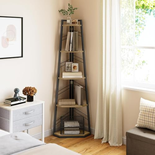 YITAHOME Corner Shelf, 5 Tier Ladder Shelf, Industrial Corner Bookshelf, Floorstanding Shelving Unit, Wooden Open Bookcase for Living Room, Hallway, Bedroom, Home Office, Oak Color Bookshelves