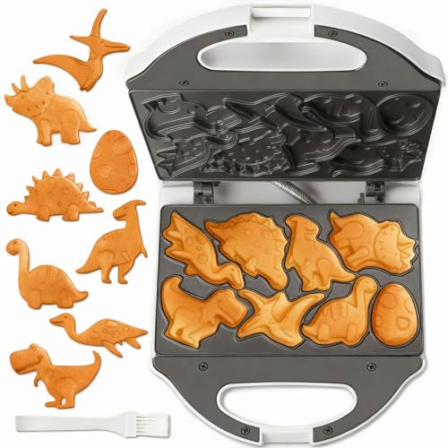 SugarWhisk Mini Piastra Waffle, Piastra Per Waffle, Mini Waffle Maker Con 8 Motivi Di Dinosauri, Amato Dai Bambini, Bianco
