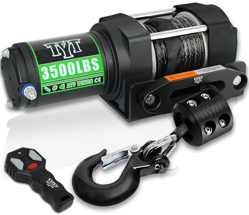 TYT 3500 lb ATV Winch, 12V DC Electric Winch with Wireless Remote and Wired Switch, 7/32x 30FT Synthetic Winch Rope with Fairlead and Winch Mounting Plate
