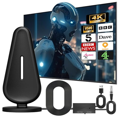 Indoor TV Aerial, Digital TV Aerial with 560+ Miles Range Reception for Local Channels, 4K 1080P HD TV Antenna with 18ft Coaxial Cable Amplifier Signal Booster Support All Television for Smart TV