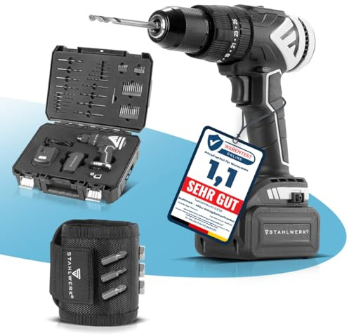 STAHLWERK Trapano avvitatore a percussione a batteria ASB-20 ST con sistema a 20 Volt e tecnologia Brushless, avvitatore a batteria (con batteria, set di valigie e braccialetto magnetico)