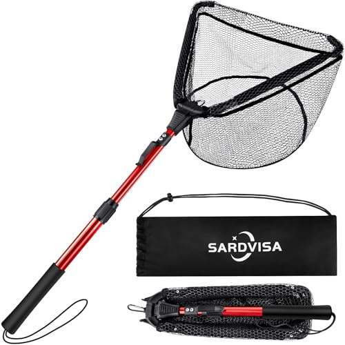 Upgraded Foldable Floating Fishing Net, Tangle-Free Coated Landing Net Extends from 27-35 with Telescoping Pole Handle, Fishing Gear for Ranger Boat, Kayak & Trout Salmon Bass Fishing, Gifts for Men