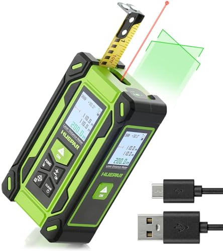 Huepar Misuratore Laser 60m con Livella Laser Verde – 4 in 1: Laser Distance Meter+Linea Laser+Metro a Nastro Digitale+Memoria 100 Dati – Display LCD Retroilluminato, Ricaricabile – Per Edilizia