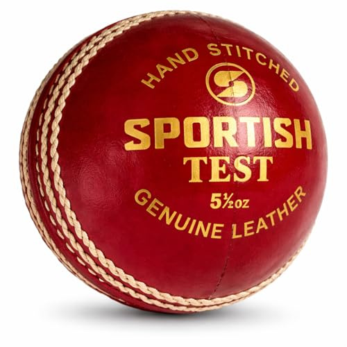 SPORTISH Premium Leather Cricket Test Ball - Red Hand Stitched Match Play