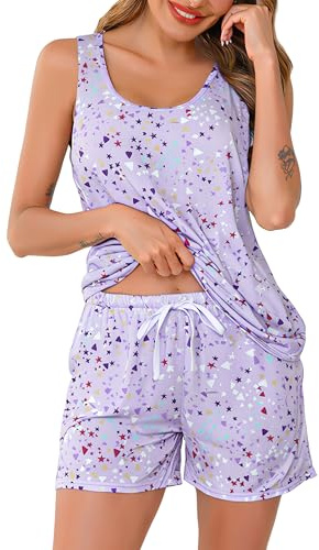 Lovasy Womens Pyjamas Set Cotton Print Pajamas for Women Summer Ladies Pyjamas 2 Piece Cami Pjs for Women Sets Tank Top and Shorts Nightwear with Pockets,Purple,M