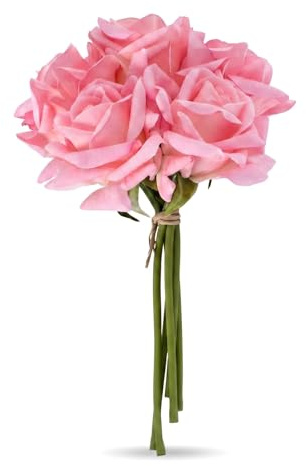 Hnonoxy Ramo de 5 Rosas Artificiales de Tacto Húmedo Realista - Flores Falsas Rojas con Bordes Rizados y Tallos Largos para Decoración del Hogar Boda Fiesta y Centro de Mesa (Rosa Intenso)